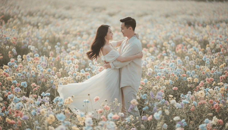cặp đôi yêu nhau hạnh phúc, ôm bạn gái xoay tròn, cảnh vật cỏ...