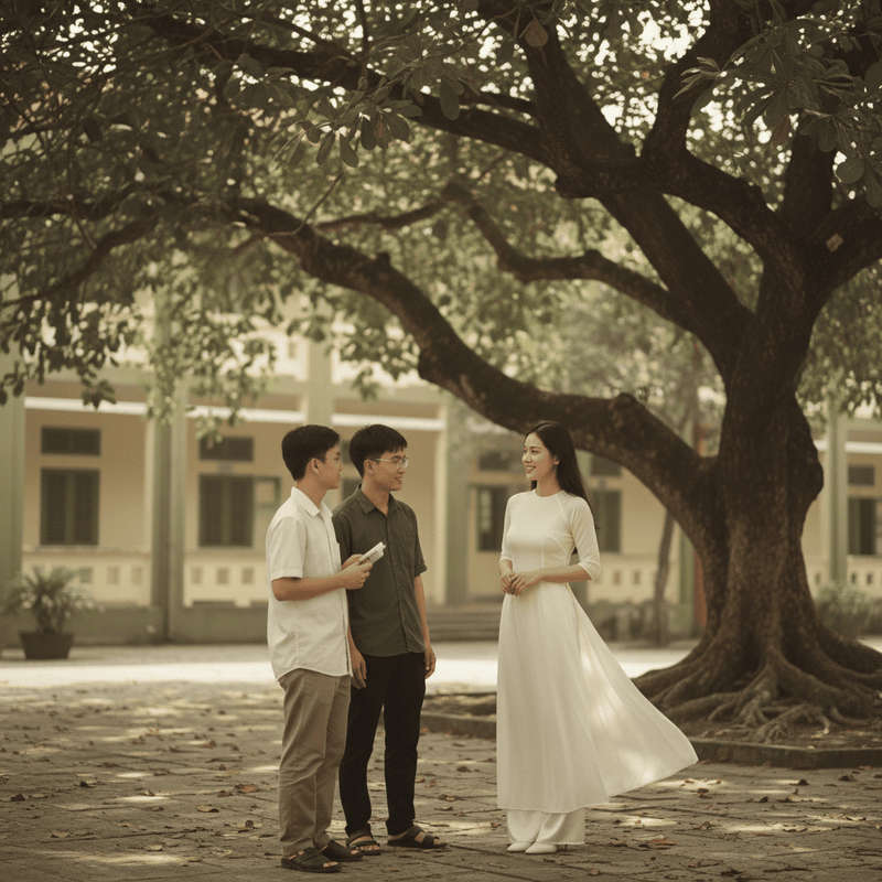 Cô giáo trẻ người Việt trò chuyện với sinh viên dưới tán cây...