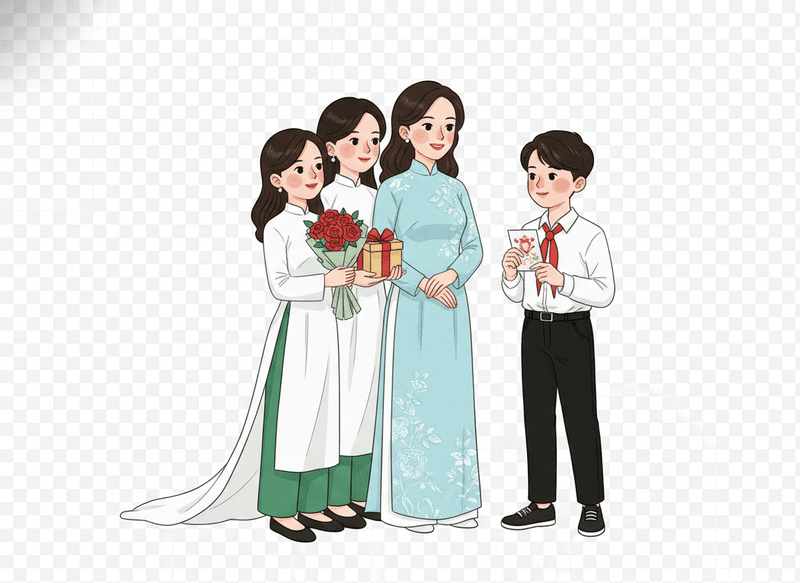 Hình ảnh các bạn học sinh đang tặng quà cho cô giáo. Với đặc...