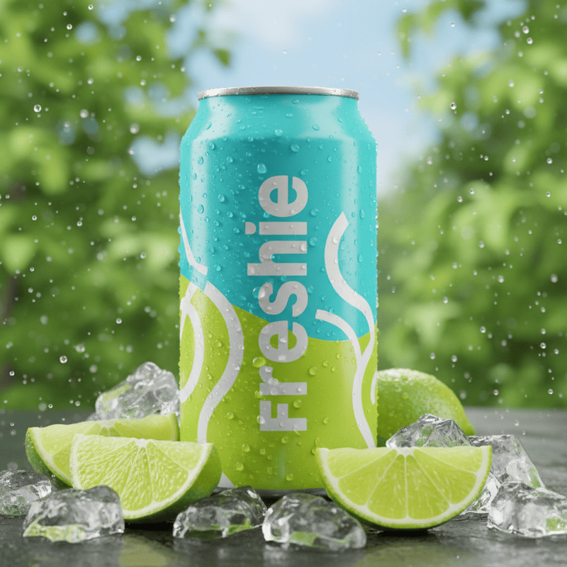Hình một lon soda Freshie nổi bật giữa nền xanh tươi, xung quanh là...
