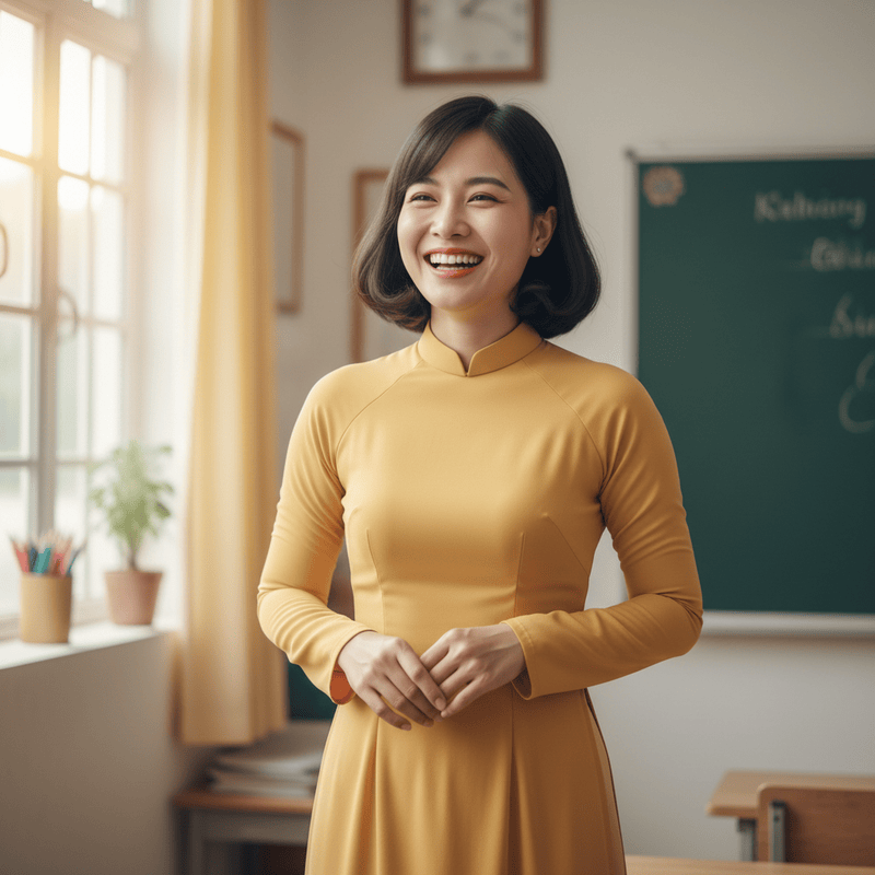 tôi muốn tạo 1 hình cô giáo mặc áo dài màu vàng, tóc ngắn thẳng...
