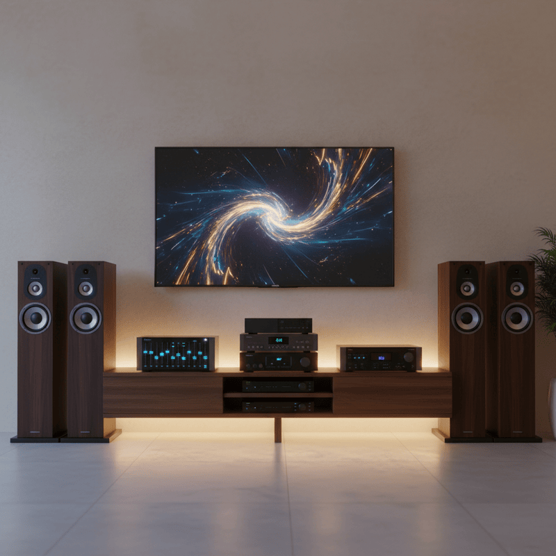 Dàn Âm Thanh hifi 6 loa màu nâu đậm để trên kệ màu nâu với đày...