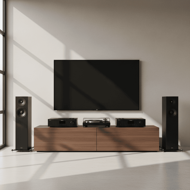 Dàn Âm Thanh hifi màu đen để trên kệ màu nâu - đẹp lung linh huyền...