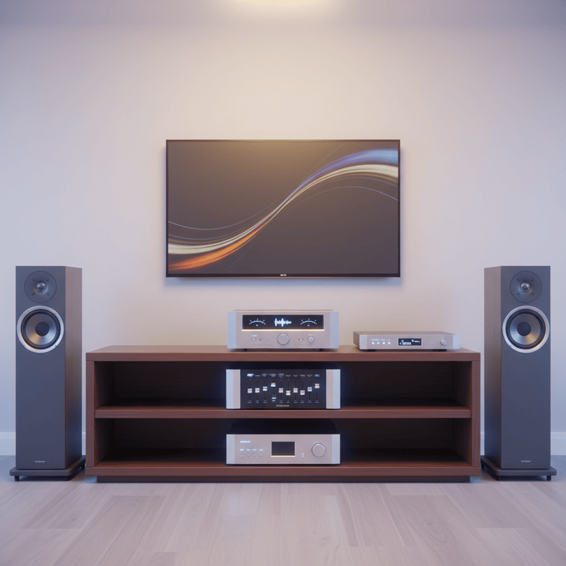 Dàn Âm Thanh hifi 4 loa màu ghi để trên kệ màu nâu với đày đủ âm ly...