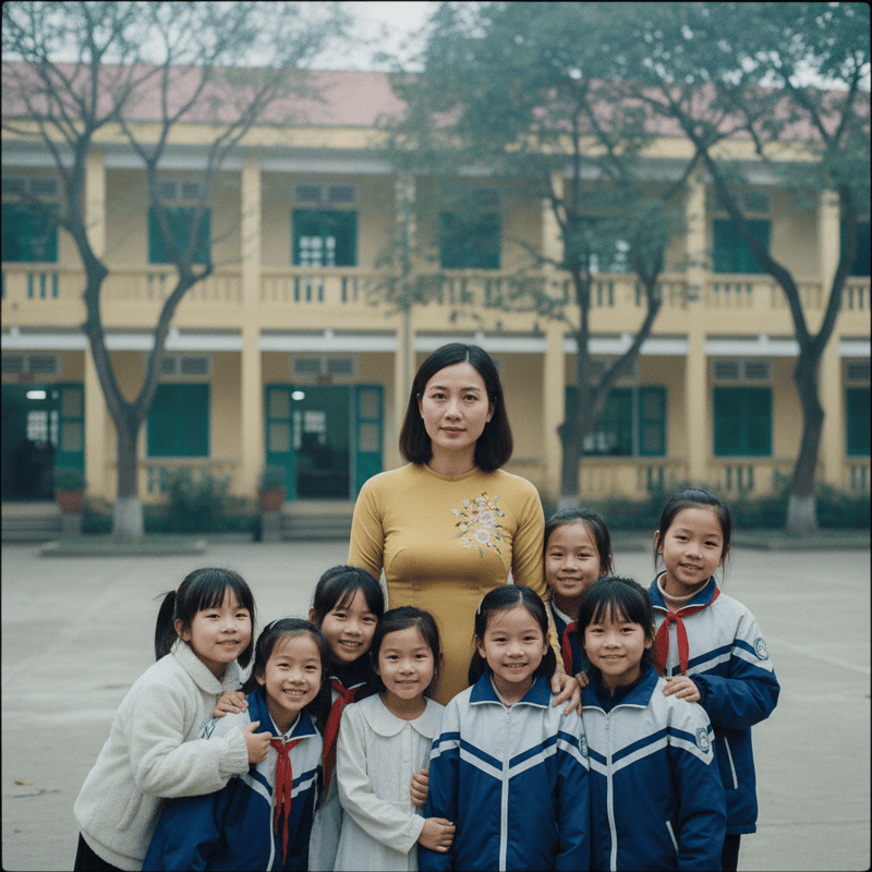 Cô giáo Việt Nam xinh đẹp đứng cùng học sinh chụp ảnh kỷ niệm...