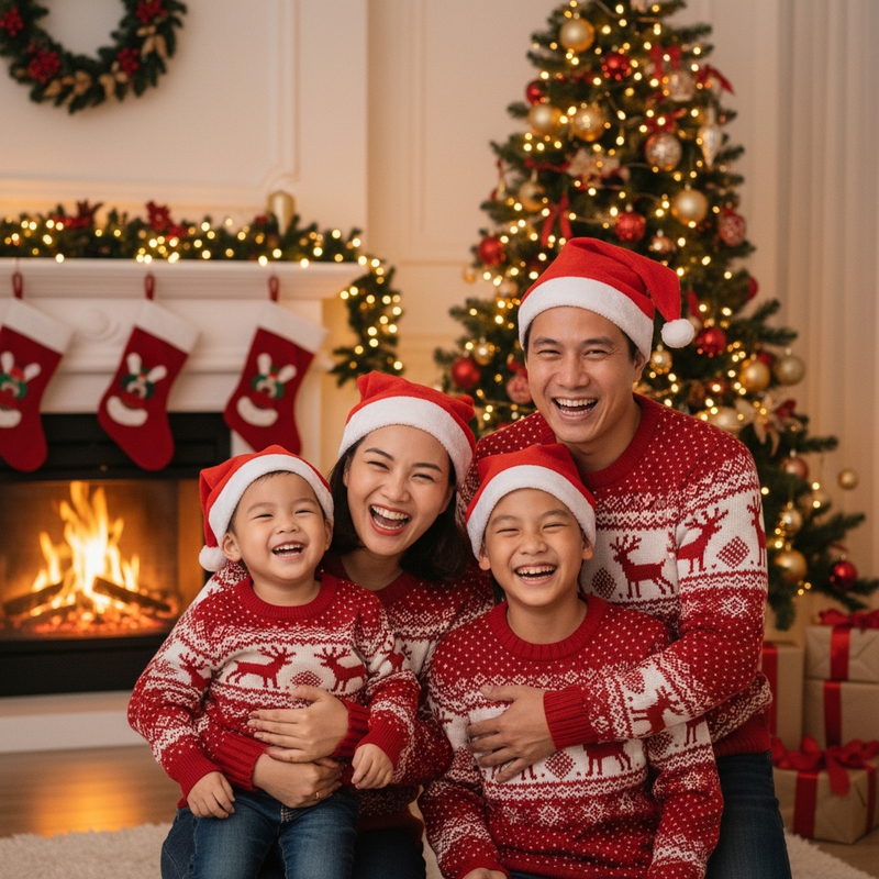 Một gia đình mặc trang phục giáng sinh, đội nón noel, vui vẻ bên...