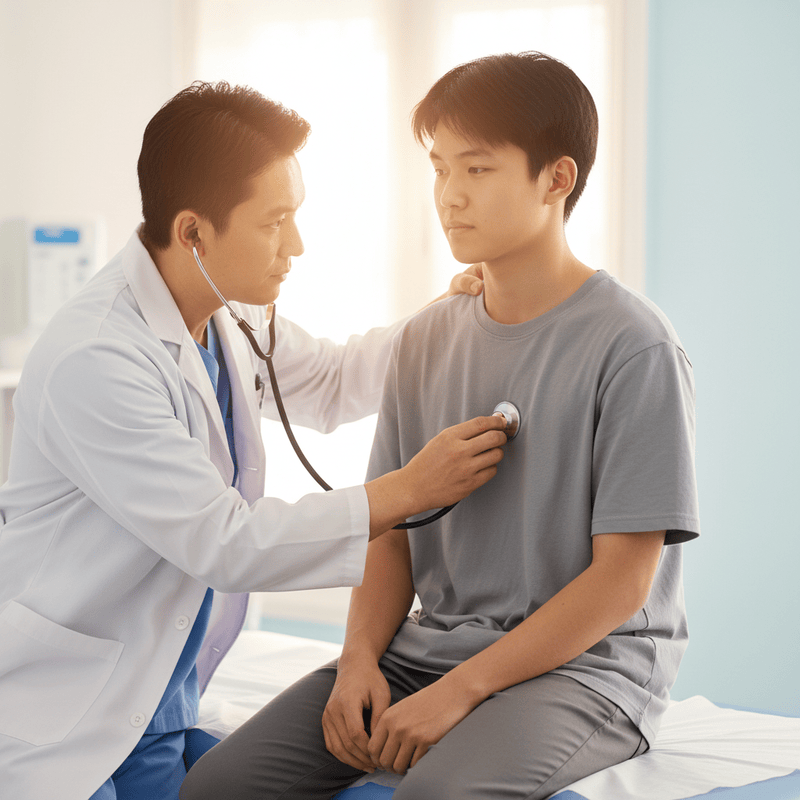 tạo hình ảnh Bác sĩ đang khám bệnh cho 1 bé nam. cả 2 đều là...