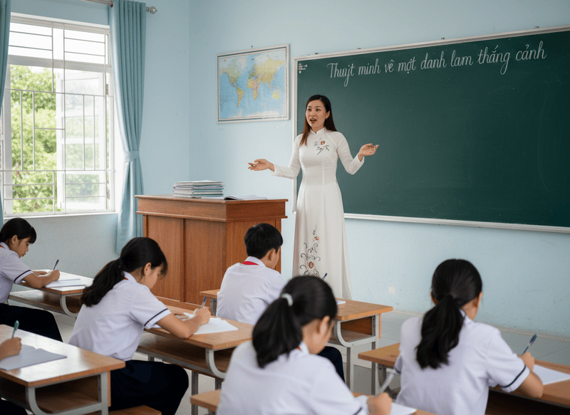 Cô giáo Việt Nam dạy Ngữ Văn mặc áo dài, hăng say giảng bài...