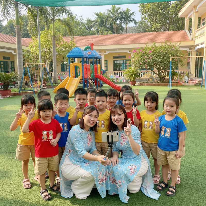 Tạo hình ảnh 2 cô giáo mầm non cùng các bạn học sinh mầm non đang...