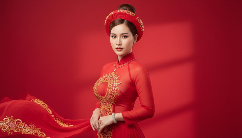 Cô gái mặc áo dài mỏng màu đỏ
da trời đẹp rạng rỡ, trên...