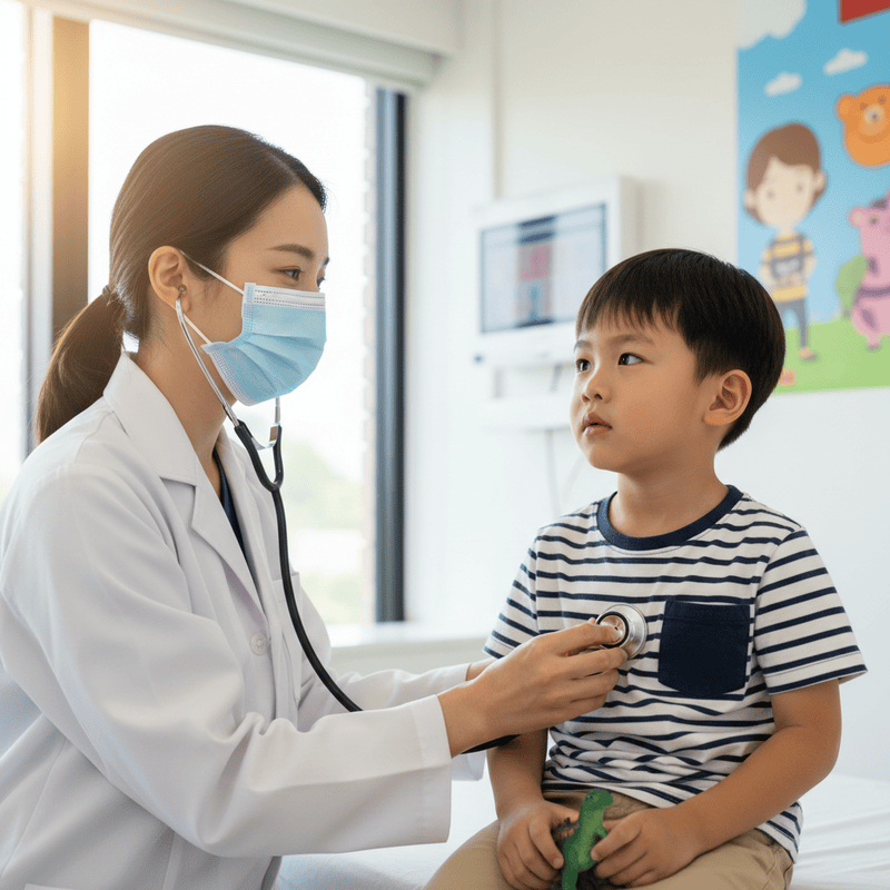 tạo hình ảnh Bác sĩ đang khám bệnh cho 1 bé nam. cả 2 đều là...