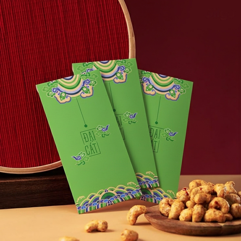 Bao lì xì, thiệp may mắn, không khí tết, red envelopes, lucky cards, the festive atmosphere of Tet