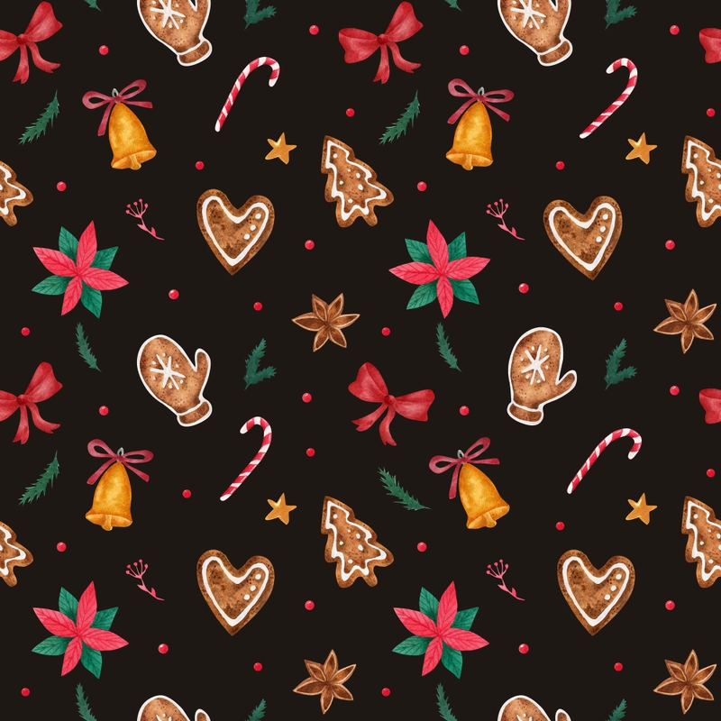 Họa tiết, bánh gừng, kẹo gậy, chuông, hoa trạng nguyên, màu đỏ, màu nâu, nền đen, christmas pattern, pattern, gingerbread, candy cane, bell - an_chu