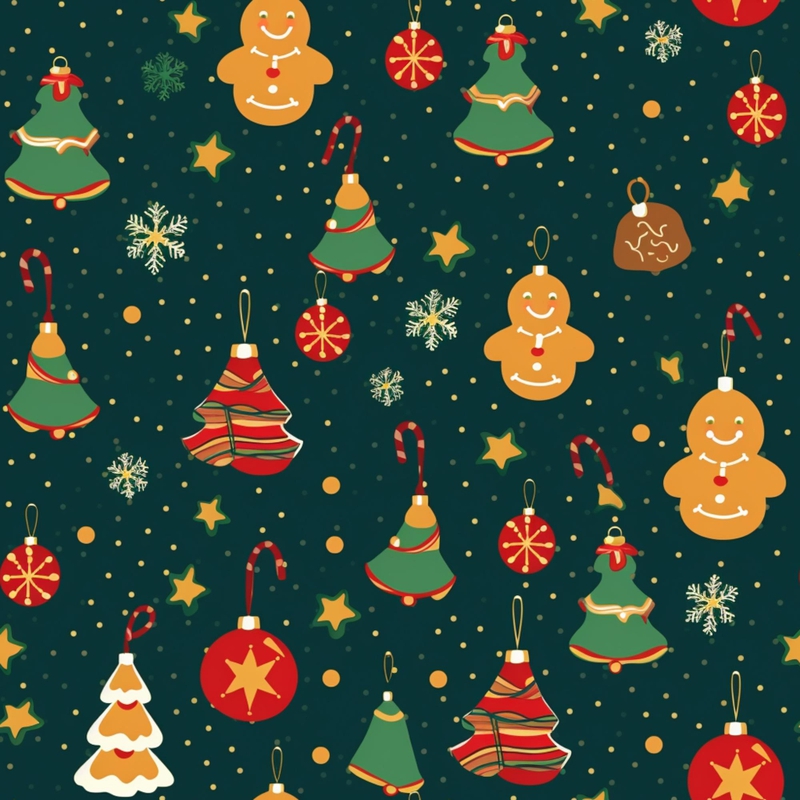 Họa tiết giáng sinh, họa tiết, giáng sinh, noel, nền, bánh gừng, cây thông, quả cầu, màu xanh đậm, màu xanh lá, màu đỏ, màu vàng, ngôi sao, bông tuyết, christmas pattern, pattern, christmas - Twin Studio