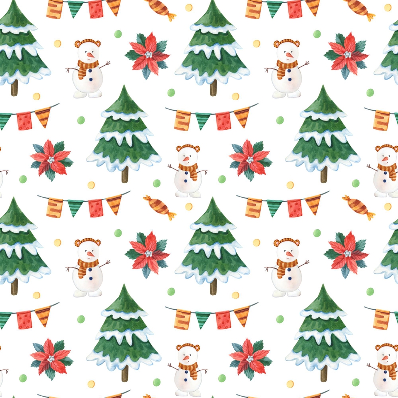 Hoạ tiết noel, họa tiết, giáng sinh, mùa đông, cây thông, người tuyết, hoa trạng nguyên, cờ dây, kẹo, màu xanh lá, màu đỏ, màu trắng, hình vẽ tay, christmas pattern - lyubovya