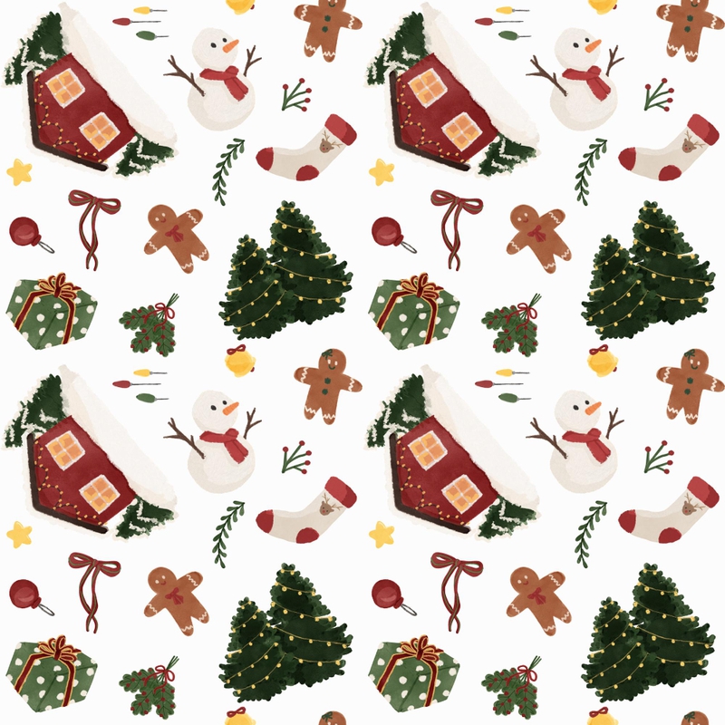 Hoạ tiết noel, họa tiết, giáng sinh, mùa đông, nhà, người tuyết, cây thông, quà, bánh gừng, bít tất, màu đỏ, màu xanh lá, màu trắng, christmas pattern, pattern, christmas - nunurules