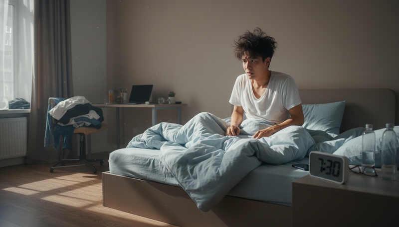 Tạo giúp tôi ảnh người đàn ông vừa thức dậy ngồi trên...