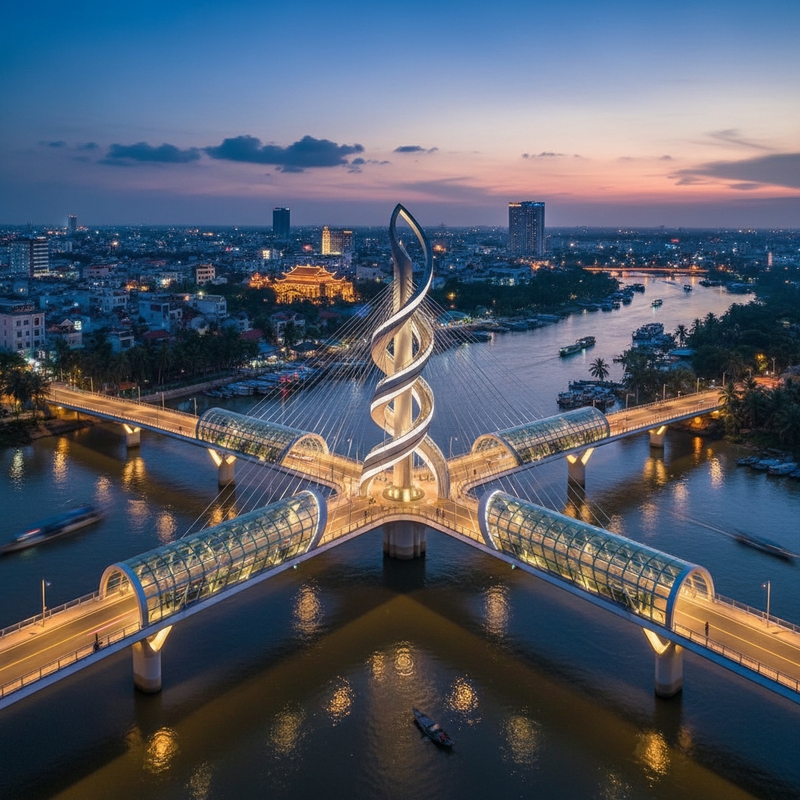 thiết kết một cây cầu ba hướng bắt qua tại 3 ngã sông của...