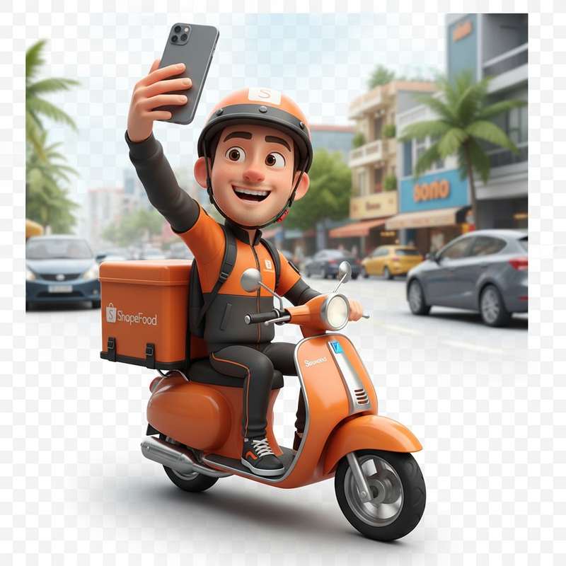 1 nam shipper shopeefood selfi góc chụp cam trước chếch 45 độ từ...