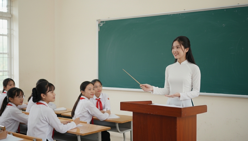 một học sinh 12 tuổi trẻ đẹp
 nữ mặc áo dài đang đứng trên...