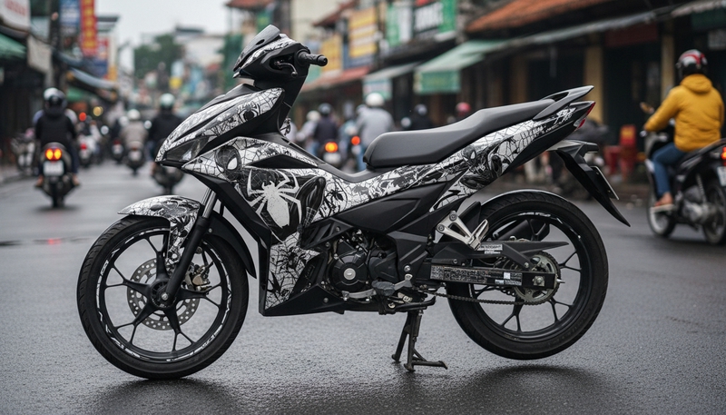 tạo hình tem xe winnerx v3 với họa tiết spider man màu đen trắng ....