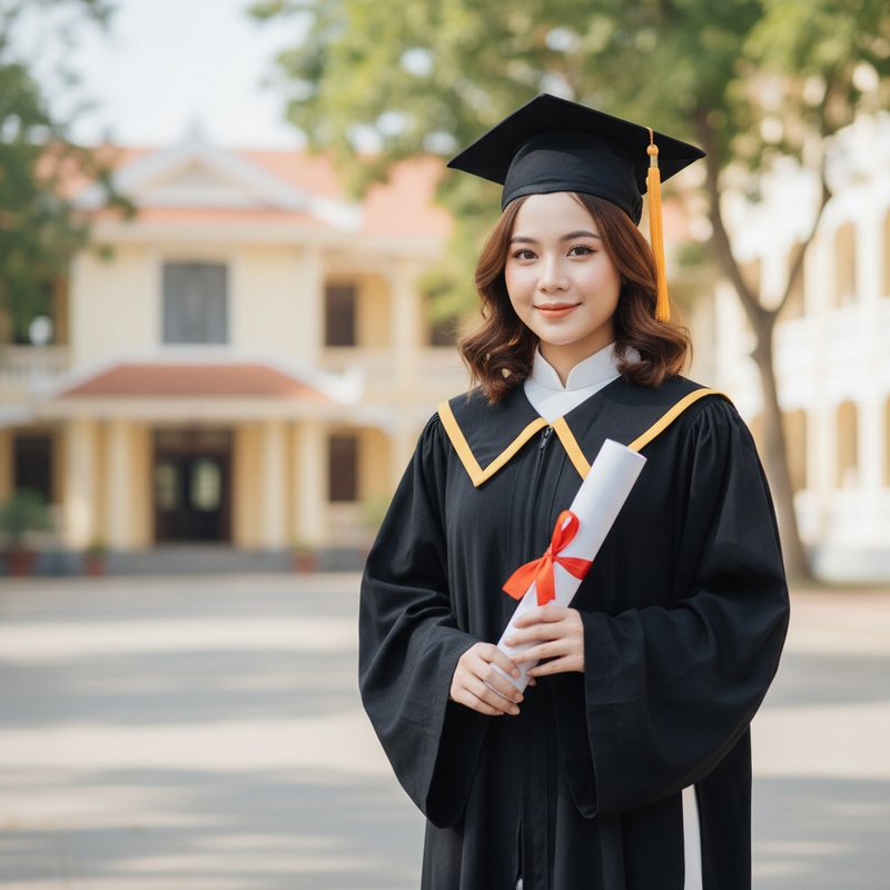 tạo ảnh 1 cô gái mặc áo dài trắng bên trong, bên ngoài mặc áo cử...