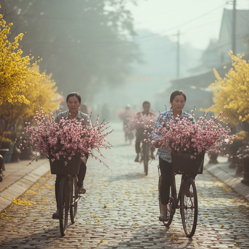 Chợ Tết mở ra trong làn sương mỏng của buổi sáng đầu năm. Con...