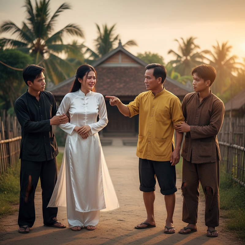 Hai tên người hầu mặc áo bà ba đen rách, đang bắt cô gái giàu...