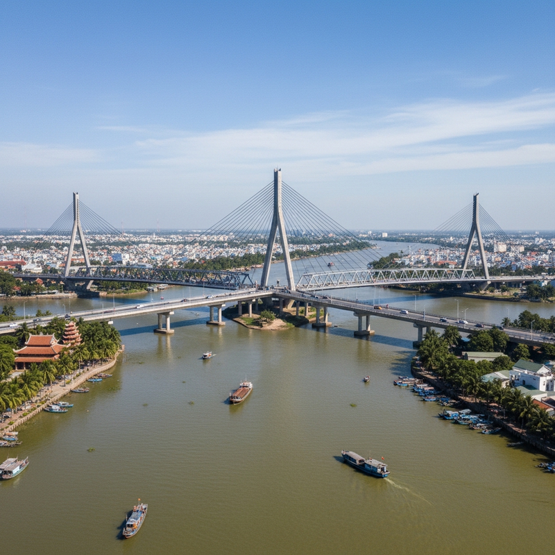 thiết kết một cây cầu ba hướng bắt qua ngã ba sông của thành...