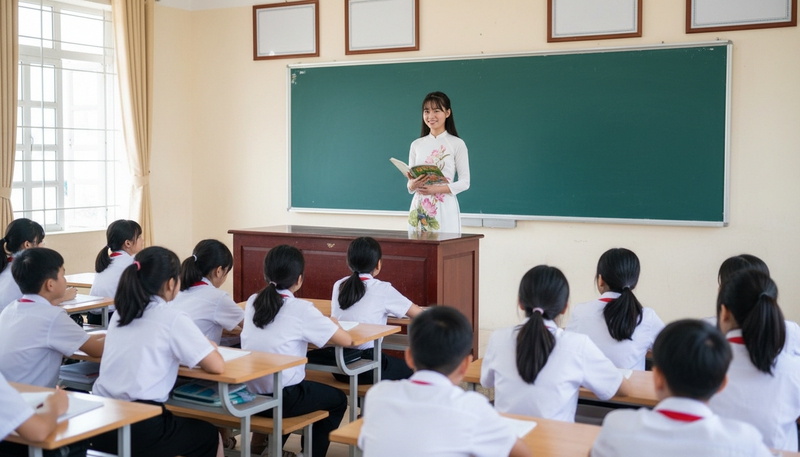 một học sinh 12 tuổi trẻ đẹp nữ mặc áo dài đang đứng trên...