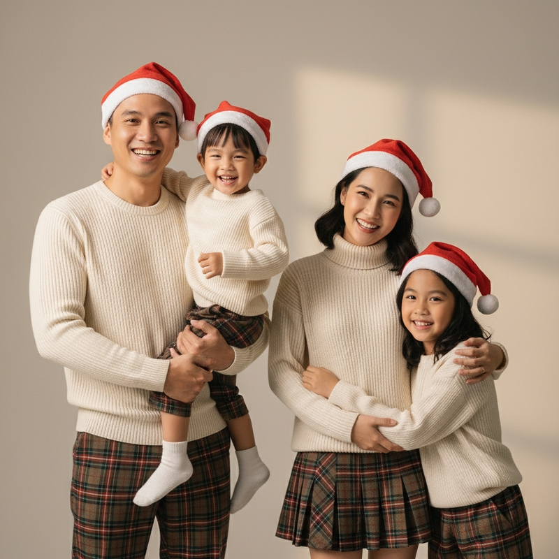 Một gia đình mặc trang phục giáng sinh, đội nón noel, vui vẻ bên...