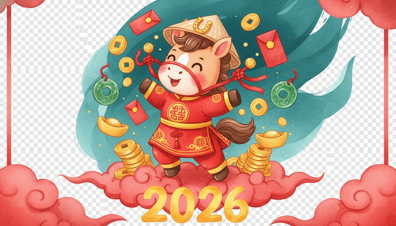 A cute cartoon horse wearing a lucky charm outfit, with a red cloud background. The...