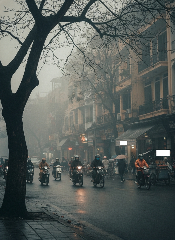 Tạo ảnh đường phố hà nội mua đông có chút sương mù , góc...