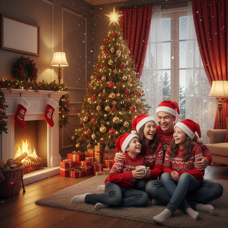 Một gia đình mặc trang phục giáng sinh, đội nón noel, vui vẻ bên...