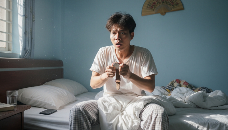 Tạo ảnh người đàn ông vừa ngủ dậy ngồi trên giường nhìn...