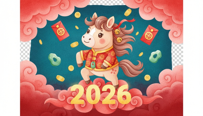 A cute cartoon horse wearing a lucky charm outfit, with a red cloud background. The...