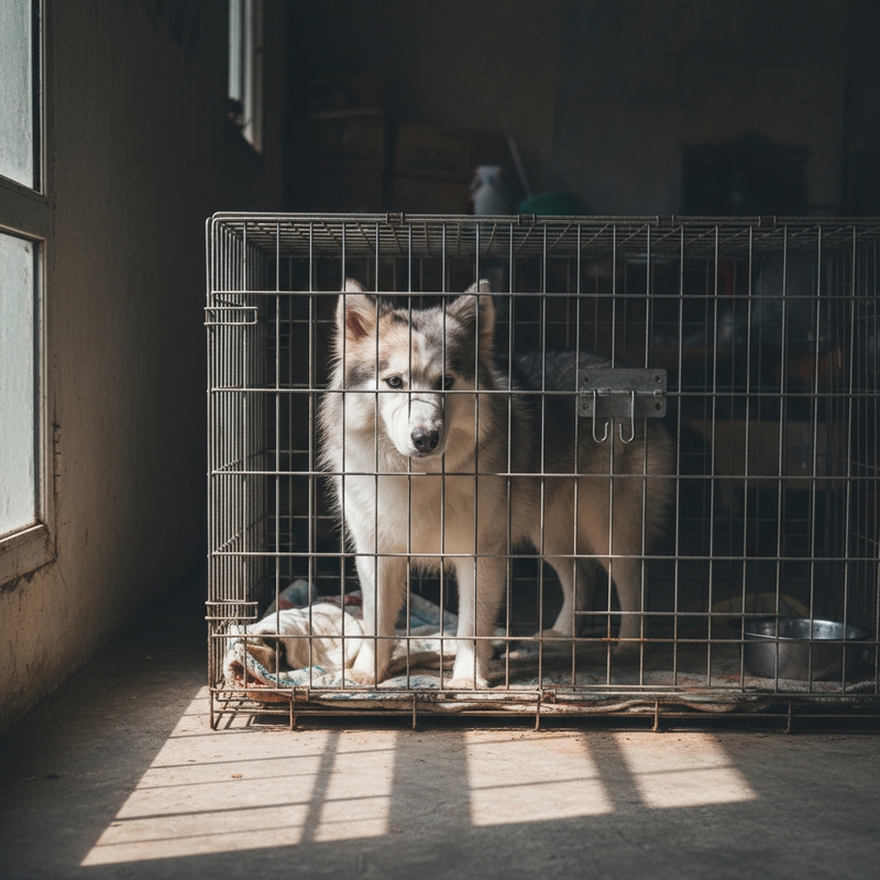 Chó eskimo bị nhốt trong lồng 2 lỗ tai sụp . Với đặc điểm phong...