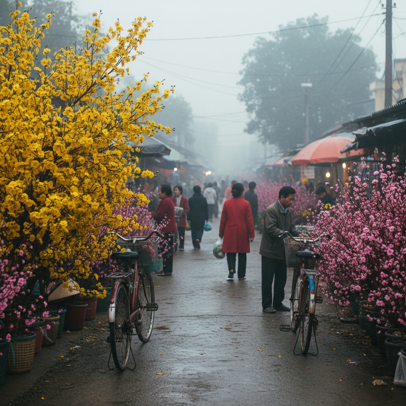 Chợ Tết mở ra trong làn sương mỏng của buổi sáng đầu năm. Con...