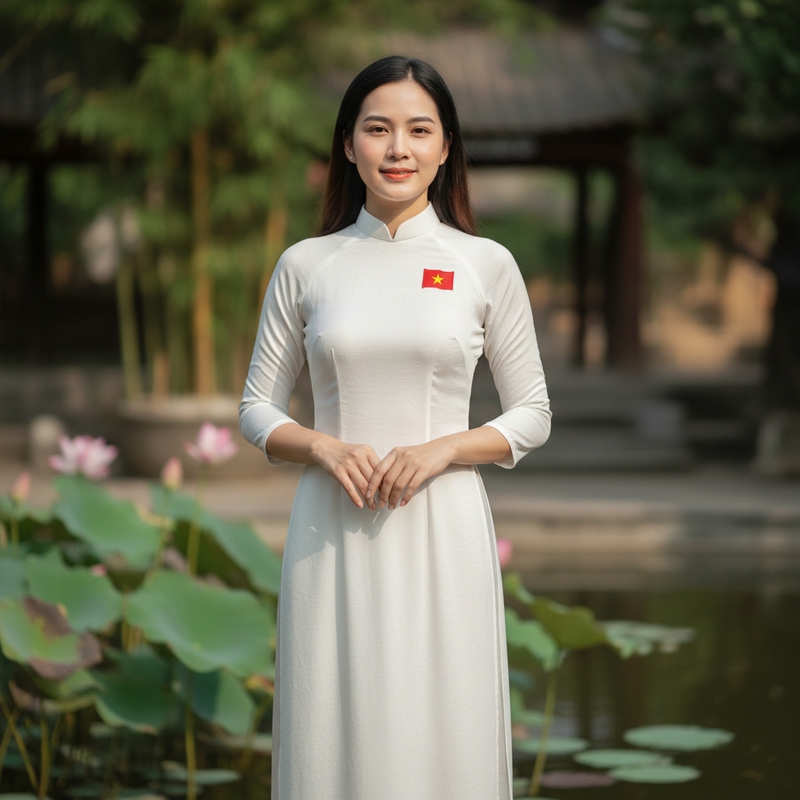 tạo ảnh tôi mang áo dài trắng có 1 một lá cờ việt nam nhỏ ở...