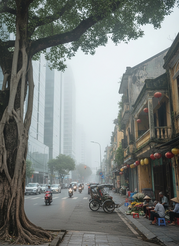 Tạo ảnh chụp đường phố Hà Nội hiện đại xen kẽ ngày xưa ,...