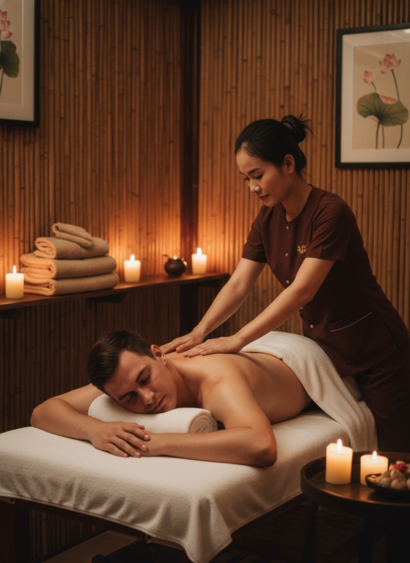 nhân viên nữ đang massge Khách nam nằm thư giãn / nến / khăn . Với...