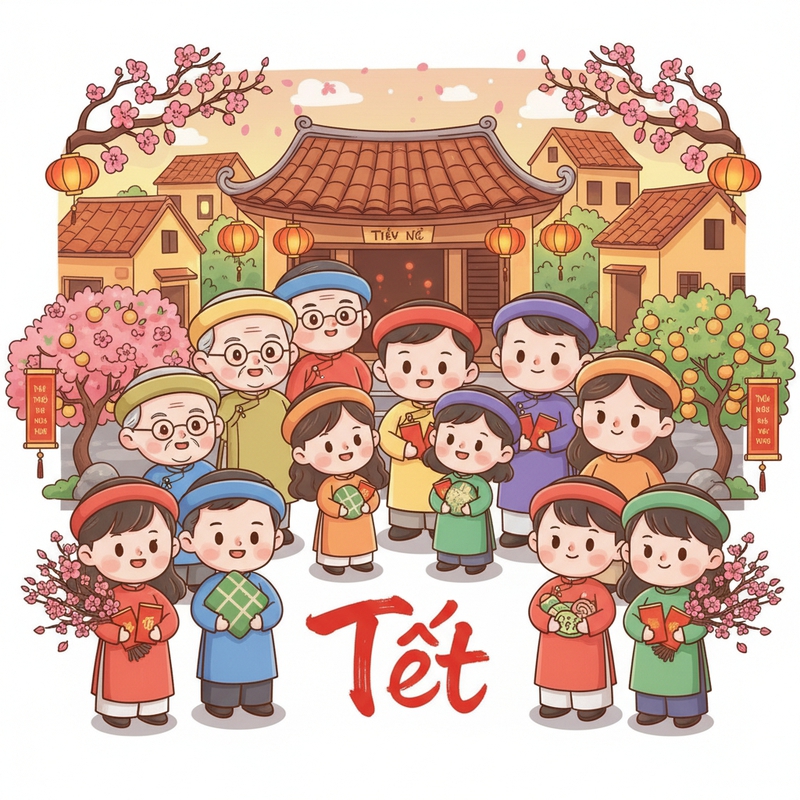 A vertical Vietnamese Lunar New Year illustration, warm and joyful atmosphere,...
