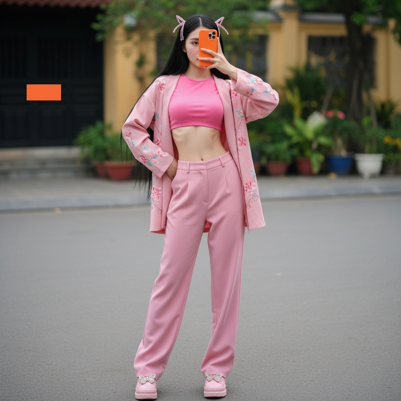Tạo cho tôi một cô gái mặc một chiếc áo màu hồng hở vùng hông...