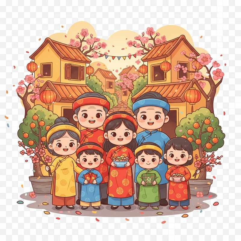 A vertical Vietnamese Lunar New Year illustration, warm and joyful atmosphere,...