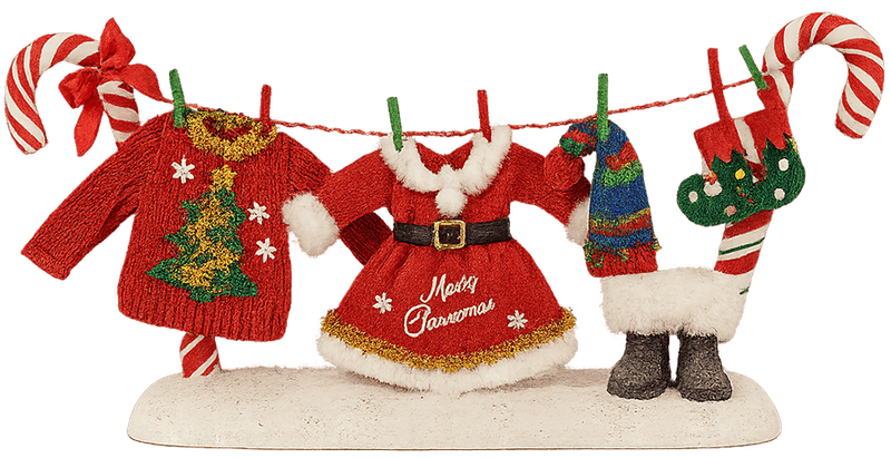 Quần áo giáng sinh, trang phục noel, áo len, vớ, găng tay, đồ trang trí, kẹo gậy, dây phơi, giáng sinh, christmas clothes, santa outfit, sweater, sock, glove, decoration, candy cane, clothesline, christmas
