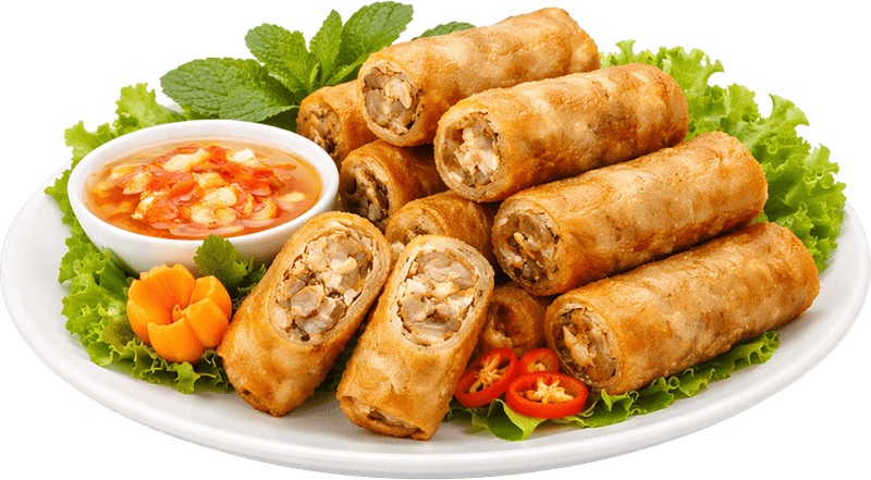Chả giò, nem rán, chả giò chiên, nước chấm, rau sống, xà lách, húng quế, ớt, món khai vị, đĩa trắng, giòn, fried spring rolls, spring rolls, deep fried, dipping sauce
