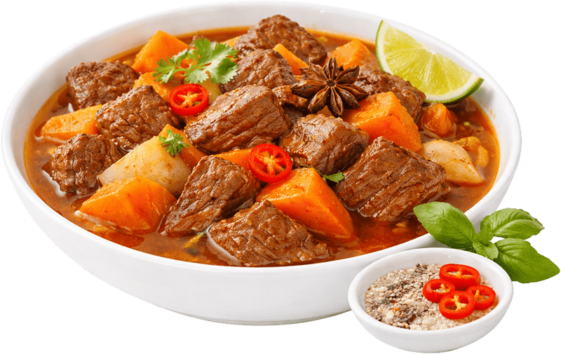 Bò kho, thịt bò, cà rốt, quế hồi, húng quế, chanh, muối tiêu ớt, món hầm, bát trắng, vietnamese beef stew, beef, carrot, star anise, basil, lime, salt and pepper chili, stew, white bowl