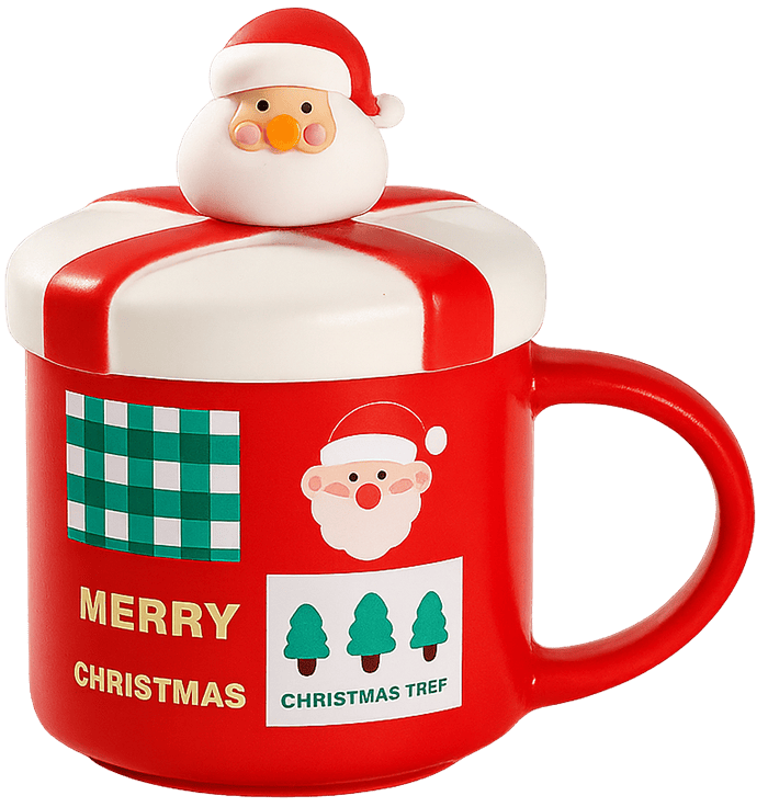 Cốc giáng sinh ông già noel, cốc có nắp, màu đỏ, trang trí, quà tặng, christmas santa mug, lidded cup, red color, decoration, gift