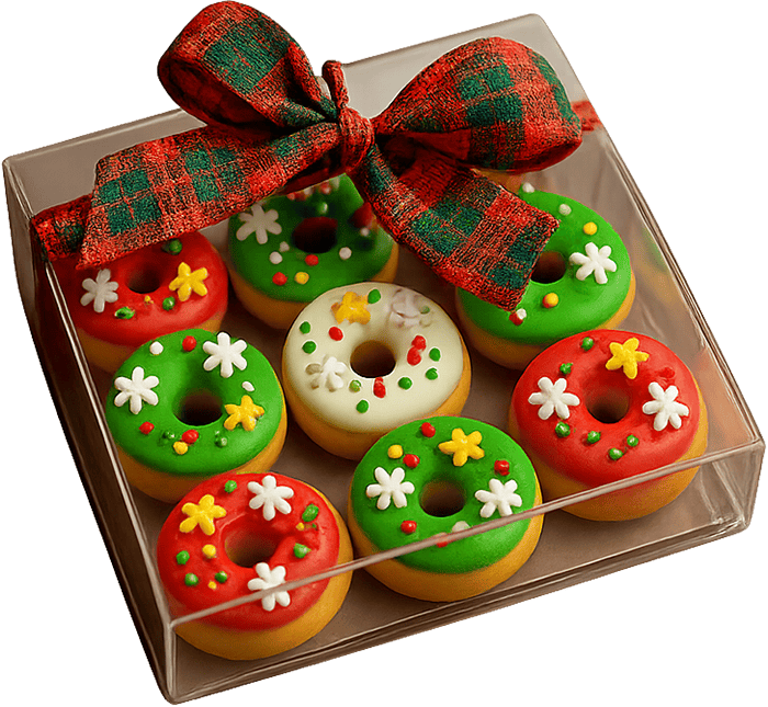 Donut, bánh vòng, bánh ngọt, đồ ngọt, giáng sinh, màu đỏ, màu xanh lá, hộp nhựa, nơ, đồ ăn, món tráng miệng, donut, doughnut, cake, sweets, christmas, red, green, plastic box, bow, food, dessert 3