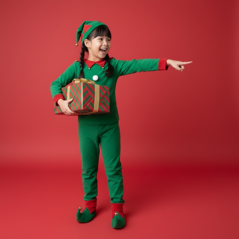 Bé gái, trẻ em, giáng sinh, trang phục yêu tinh, hộp quà, vui vẻ, asian girl, child, christmas, elf costume, gift box, cheerful
